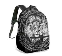 Lion and Lioness King Queen Sketch Backpack, 16 Inch (42cm) Black and White Realism Love Portrait School Bag Rucksack, Crowned Lioness Print with Circular White Text (01)