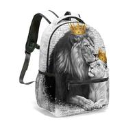 Lion and Lioness King Queen Sketch Backpack, 16 Inch (42cm) Black and White Realism Love Portrait School Bag Rucksack, Crowned Lioness Print with Circular White Text (02)