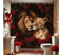 Lion and Lioness Shower Curtain, Black and Red Floral Shower Curtain for Bathroom Decor, Romantic Modern Cozy Waterproof Fabric Shower Curtain Set with Hooks 72x78 Inch