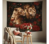 Lion and Lioness Tapestry, Golden Brown Floral Wall Hanging, Elegant Aesthetic for Living Room, Bedroom, Cozy Home Decor 80x60 Inch