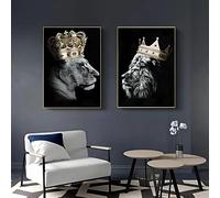 Lion and Lioness with Crown Canvas Pictures, Black Gold Animal Poster Decoration, Africa Lioness Art Prints for Bedroom Picture Home Decor Decor No Frame (Lion B, 40 x 60 cm x 2)