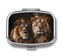 Lion and Lioness with Golden Crowness African Animal Travel Pill Box Portable Pill Organizer Medical Box Pill Case Pill Container for Men Women