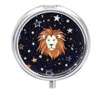 Lion and Stars Pill Box 3 Compartment Portable Travel Pill Case with Mirror Round Metal Medicines Storage Container Pocket Medicine Box to Hold Vitamins Fish Oil