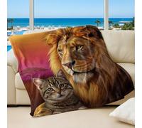 Lion and Tabby Cat Printed Flannel Blanket, Super Soft Warm Throw Blanket for Kids and Animal Lovers Room Decor (03,75x100cm)