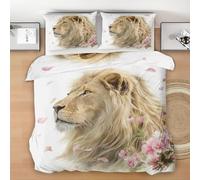 Lion Animal Duvet Cover Set Twin Size, Flower Petal Bedding Set, Wildlife Microfiber Comforter Cover with 2 Pillow Shams, Comfy Breathable Lightweight Teen Boys Girls Comforter Cover