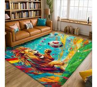 Lion Area Rug, Modern Abstract Soccer Ball Colorful Stripes None Blue Non-Slip Edge Binding Home Rectangle Carpet Rugs for Living Room Bedroom Dining Desk Office Decor 5' X 7'