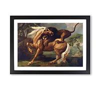 Lion Attacking A Horse by George Stubbs Framed Print | A2 Black Framed Wall Art | Ready to Hang | Modern Animal Picture | Living Room Bedroom Lounge Office