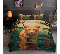 Lion Bedding King Size Duvet Cover Sets - Animal Illustration 3D Print Quilt Cover Set with Zipper Closure and 2 Pillowcases 50x75, Easy Care Microfiber Bedding