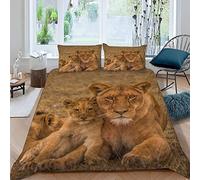 Lion Bedding Set 3 Pieces Lioness And Child Duvet Cover Double Super King Size for Aldults Microfiber Polyester Breathable Easy Care Decor Bedspread Cover with 2 Pillowcases