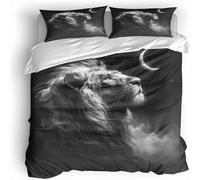 Lion Bedding Set For Boys Girls,Black And White Moon Single Kids Duvet Cover 135×200Cm 3D Printed Soft Microfibre Polyester Comforter With Zipper Teens Quilt Cover 2 Pillowcases 50×75Cm
