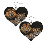Lion, Bengal Tiger and Leopard Jaguar Leather Earrings for Women Heart Earring Lightweight Dangle Drop Earring Set Jewelry Gift