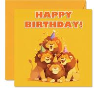 Lion Birthday Cards for Her Him - Party Animals Pyramid - Happy Birthday Card for Mum Dad Brother Sister Auntie Uncle Cousin Friend Family Colleague 145mm Bday Greeting Cards