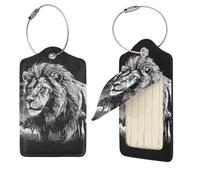 Lion Black and White Illustration Luggage Tag for Suitcase PU Leather Suitcase Tag with Stainless Steel Loop and Address Card Baggage Tags Cute Bag Name Travel Tags ID Labels for Women Men 1 PC