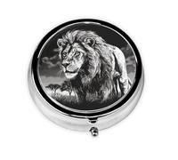 Lion Black and White Illustration Pill Box with Mirror, 3 Compartment Small Pill Case for Purse Or Pocket Mini Metal Pill Holder Travel Weekly Medicine Tablet Vitamin Holder Organizer Travel Gifts
