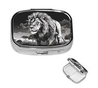 Lion Black White Illustration Pill Case with Mirror Retro 2 Compartment Pill Box Small Pill Organizer for Purse or Pocket Decorative Metal Medicine Vitamin Organizer Unique Gifts