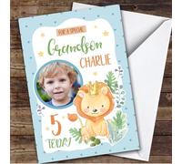 Lion Blue Photo Grandson 5th Boys Custom Personalised Birthday Card - Personalised Birthday Card For 5th Birthday, Custom Birthday Card