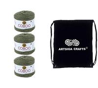 Lion Brand Coboo Olive 835-132 (3-Skeins - Same Dye Lot) DK Light Worsted #3 Cotton, Bamboo Yarn for Crocheting and Knitting with Project Bag