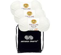 Lion Brand Feels Like Butta White 215-100 (3-Skeins - Same Dye Lot) Worsted Medium #4 Polyester Yarn for Crocheting and Knitting with Project Bag