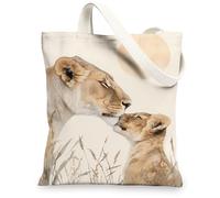 Lion Canvas Tote Bags, Animal Mother and Cub Design Reusable Shopping Bags, Bohemian Nature Lightweight Washable Shoulder B, Beige, 13x15 Inch