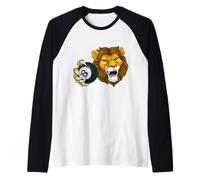 Lion Cartoon Character Holding an Eight Ball Pool Ball Raglan Baseball Tee