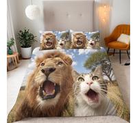 Lion Cat Duvet Cover 230x220 cm + 2 Pillow Cases 50x75 cm King Size Cute Animal Duvet Cover Sets 3D Printing Comforter Cover 3 Piece Microfiber With Zipper Fixable Corner Straps Bedding Set