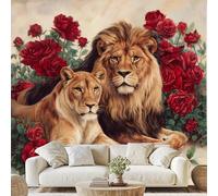 Lion Couple Flowers Wall Mural Lion Red Rose Self Adhesive Wallpaper 450x315 cm Romantic Animal Mural Non-Woven Wall Art for Bedroom Living Room Home Decor Dg110n