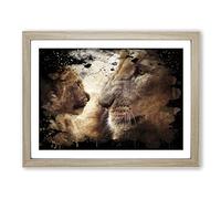 Lion Cub and Mother Modern CB Framed Print | A4 Oak Framed Wall Art | Ready to Hang | Modern Animal Picture | Living Room Bedroom Lounge Office