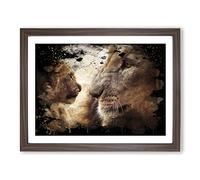 Lion Cub and Mother Modern CB Framed Print | A4 Walnut Framed Wall Art | Ready to Hang | Modern Animal Picture | Living Room Bedroom Lounge Office