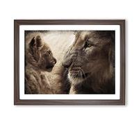 Lion Cub and Mother Modern Framed Print | A4 Walnut Framed Wall Art | Ready to Hang | Modern Animal Picture | Living Room Bedroom Lounge Office