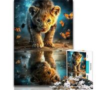 Lion Cub Reflection Adult Jigsaw Puzzles 1000,Learning Educational Toys Family Games with Matching Poster And Trivia Sheet (38x26cm)