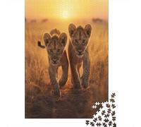 Lion Cub Walking on Grassland at Sunrise - Wildlife Jigsaw Puzzles. 38x26cm/1000pcs Whimsical Challenge Toy for Educational Games Gifts