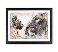 Lion Cub With Its Mother In Abstract Modern Art Framed Print | A2 Black Framed Wall Art | Ready to Hang | Abstract Animal Picture | Living Room Bedroom Lounge Office