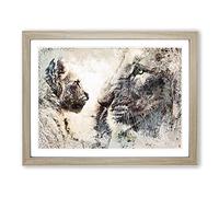 Lion Cub With Its Mother In Abstract Modern Art Framed Print | A3 Oak Framed Wall Art | Ready to Hang | Abstract Animal Picture | Living Room Bedroom Lounge Office