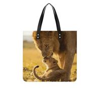 Lion Dad To Son Square PU Leather Tote Bag