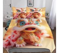 Lion Dance Single Duvet Cover Set Chinese Style Bedding Set 3D Print Soft Microfiber Quilt Covers 155x200 cm with Zipper Closure and 2 Pillowcases 50x75 cm for Teens M.135