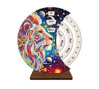 Lion Diamond Dots Wood Perpetual Calendar Rotatable Moon Disk Calendar DIY Kits 5D Diamond Art Painting Desk Calendar Special Shaped Rhinestones by Number for Home Office School Tabletop Decorations