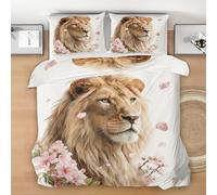 Lion Double Duvet Cover Set, 3D Wildlife Pink Flower Printed Bedding Set Reversible 3 Piece 200x200 cm with 2 Pillowcases, Hypoallergenic Soft Quilt Cover With Zipper Closure