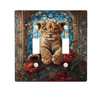 Lion Double Light Switch Cover Plate, Artistic Nature Stained Glass Flowers None Brown Plastic Standard Size Decorative Wall Plates for Home Living Room Bedroom Bathroom Decor
