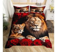 Lion Duvet Cover Set Red Rose Comforter Cover,Western Bedding Sets Double,African Animals Bed Set Wildlife Flowers Room Decor