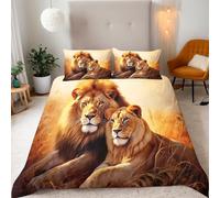 Lion Duvet Cover Sets Male And Female Lions Bedding Set Super King Size - 220x260cm, Soft Luxury Duvet Set, Easy Care and Breathable Microfiber Covers With 2 Pillowcase
