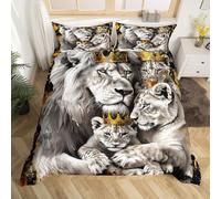 Lion Family Kids Duvet Cover Set Queen Size,Gold King and Queen Crown Bedding Set,Boys Men Room Decor,Wild African Animal Hunting Adventure Comforter Cover,Grey Quilt Cover,2 Pillowcases(No Comforter)
