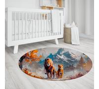 Lion Family Round Rugs 120cm Snow Mountain Falling Leaves Autumn Theme Circle Carpet Fluffy Washable Thin Area Rug for Living Room Balcony