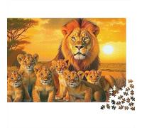 Lion Family Sunset Challenging 1000 Piece Jigsaw Puzzle for Adults Big Lion with Many Adorable Little Cubs Premium Sturdy Vibrant Stress Relief 70x50cm/1000pcs