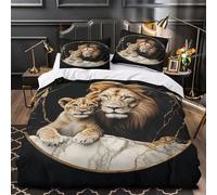 Lion father 3D Digital Print Quilt Cover 3pc Premium Microfibre Stain-Resistant Wild animal portrait Duvet Cover 2 Pillowcases Zip Closure Bed Ensemble Couple Bedroom Single（140x200cm）