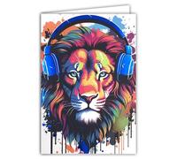 Lion Fawn Card Listening to Music with a Glossy Blue Headphones - With White Envelope Format 12 x 17.5 cm - Open Card Inside White 23 x 17 cm - Made in France - For Birthdays