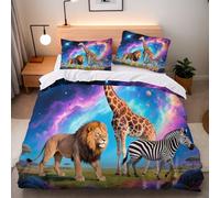 Lion Giraffe Bedding Set 155x220 cm 3D Duvet Cover Set Galaxy Animal Single Quilt Cover Microfiber Soft Comforter 3 Piece with 2 Pillowcases 50x75 cm With Zip Corner Ties Bedding Set for Bedroom