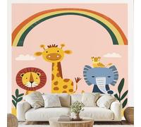 Lion Giraffe Wall Paper,Elephant Animal Mural, 350x270 cm,Cartoon Style Canvas Wallpaper for Bedroom Living Room Stickers Peel and Stick Photo Wall Art xk11a