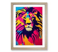 Lion Graffiti Paint Framed Print | A2 Oak Framed Wall Art | Ready to Hang | Eclectic Animal Picture | Living Room Bedroom Lounge Office