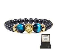 Lion Head Bracelet for Son - Symbol of Strength & Power, Tiger Eye Elastic Black Beaded Natural Stone Protection Bracelet for Men, To My Son Jewelry from Dad (Blue Tiger Eye/Gold Lion Head)