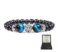 Lion Head Bracelet for Son - Symbol of Strength & Power, Tiger Eye Elastic Black Beaded Natural Stone Protection Bracelet for Men, To My Son Jewelry from Dad (Blue Tiger Eye/Silver Lion Head)